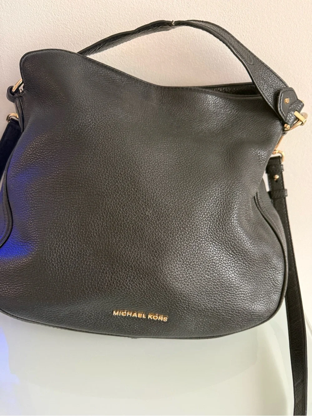 Michael Kors Black Pebbled Leather Hobo Shoulder Bag with Gold Hardware